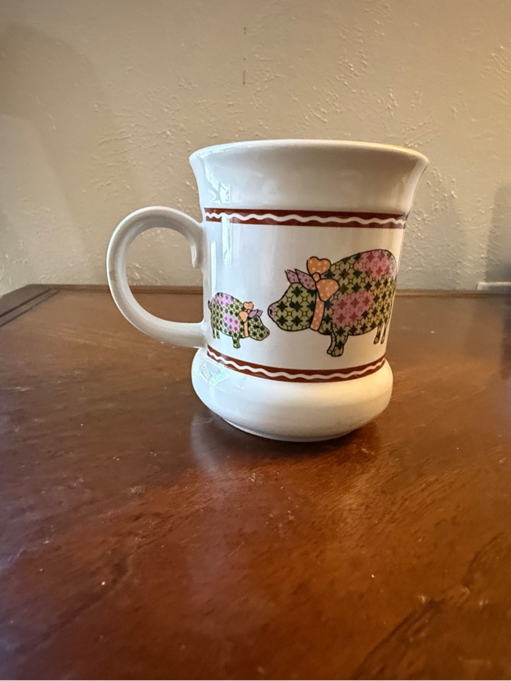 Cottagecore Vintage White Ceramic Mug with Floral Pig Motif